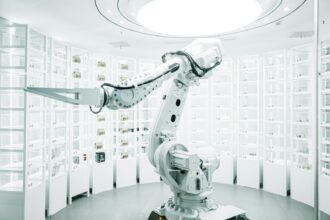 Braço robótico branco em exposição, imagem ilustrativa da automação de equipamentos.